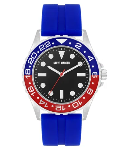 Steve Madden Men's Premium Blue Silicone And Silver-tone Alloy Metal Watch, 44mm In Blue,red,silver-tone