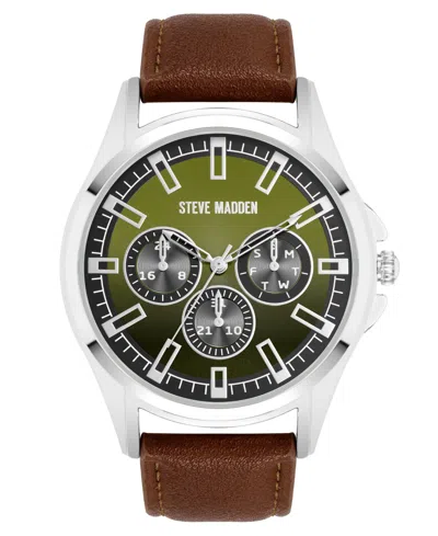 Steve Madden Men's Signature Green And Brown Faux Leather Silver-tone Alloy Metal Watch, 45mm In Green,brown,silver-tone