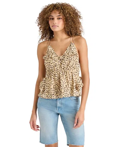 Steve Madden Mina Top Women's Desert Sand Ruffle Trim V-neck Blouse Pall62 In Beige