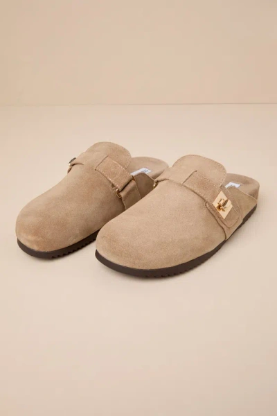 Steve Madden Money Taupe Suede Leather Buckle Flatform Slip-on Clogs