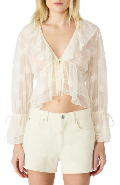 Steve Madden Montana Floral Embroidery Ruffle Detail Knit Top In Nude