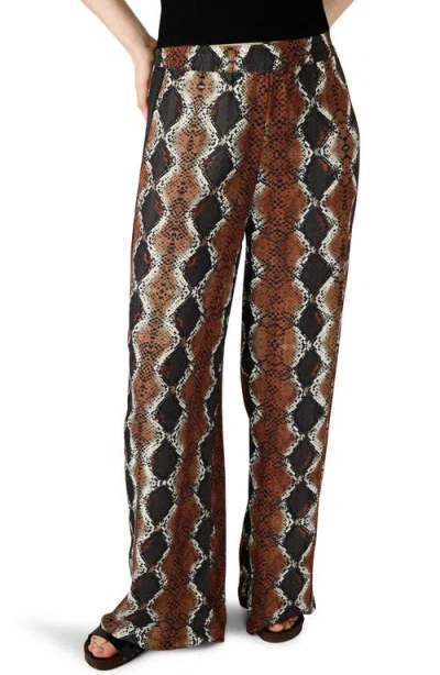 Steve Madden Moxie Snakeskin Print Side Stripe Wide Leg Pants In Brown