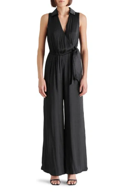 Steve Madden Nadya Tie Waist Satin Jumpsuit In Black