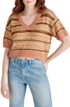Steve Madden Noreen Stripe Mixed Stitch Short Sleeve Cotton Sweater In Multi