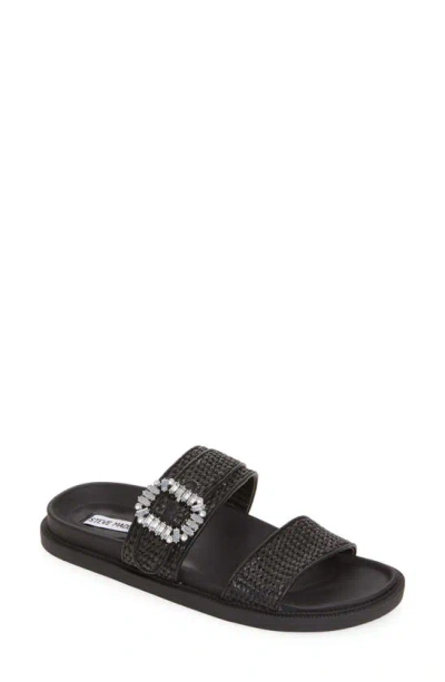 Steve Madden Orson Crystal Buckle Raffia Slide Sandal In Black Raffia