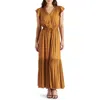 Steve Madden Osiris Tiered Split Neck Cap Sleeve Tie Waist Maxi Dress In Amber Brown