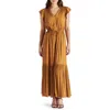 Steve Madden Osiris Tiered Split Neck Cap Sleeve Tie Waist Maxi Dress In Amber Brown