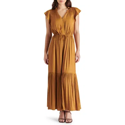 Steve Madden Osiris Tiered Split Neck Cap Sleeve Tie Waist Maxi Dress In Amber Brown