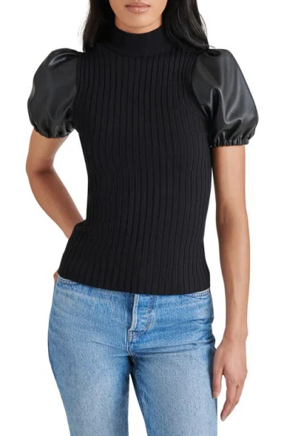 Steve Madden Peggy Mixed Media Faux Leather Sleeve Sweater In Black