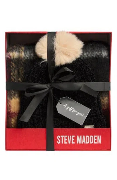 Steve Madden Plaid Scarf & Chenille Beanie Gift Set In Black