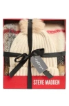 Steve Madden Plaid Scarf & Chenille Beanie Gift Set In White