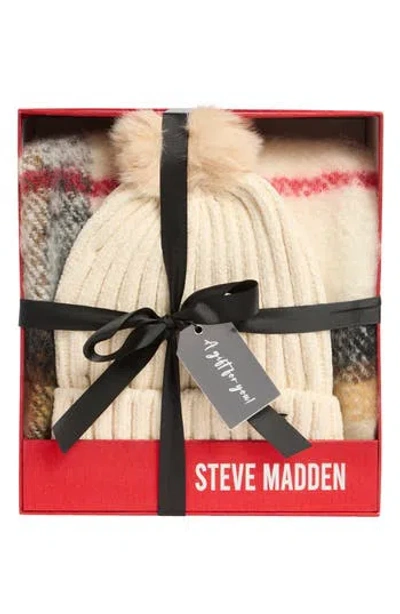 Steve Madden Plaid Scarf & Chenille Beanie Gift Set In White