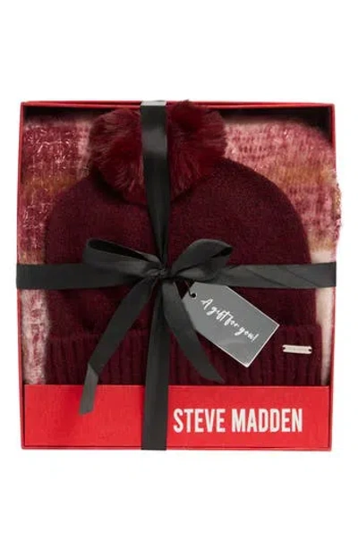 Steve Madden Plaid Tinsel Scarf & Beanie Gift Set In Burgundy