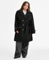 Steve Madden Plus Size Double-breasted Belted Trench Coat In Black