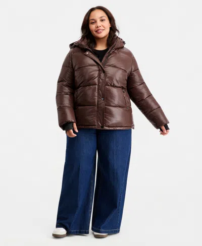 Steve Madden Plus Size Hooded Puffer Long-sleeve Jacket In Brown