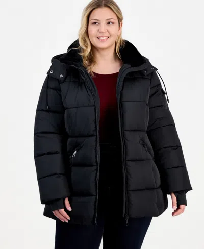 Steve Madden Plus Size Hooded Quilted Puffer Coat In Black