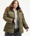 Steve Madden Plus Size Hooded Utility-pocket Puffer Coat In Green