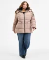 Steve Madden Plus Size Hooded Utility-pocket Puffer Coat In Neutral