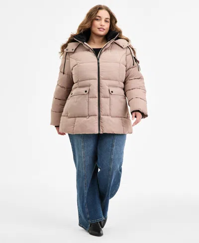 Steve Madden Plus Size Hooded Utility-pocket Puffer Coat In Neutral