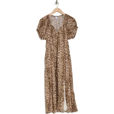 Steve Madden Puff Sleeve Empire Waist Cotton Midi Dress In Leopard