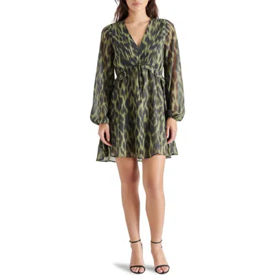 Steve Madden Rami Leopard Print Long Sleeve Chiffon Minidress In Olive Night