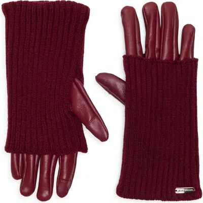 Steve Madden Rib Knit Faux Leather Gloves In Burgundy