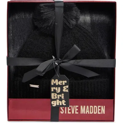 Steve Madden Ribbed Faux Fur Pompom Beanie & Scarf Set In Black