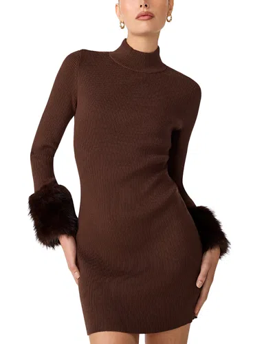 Steve Madden Riello Faux Fur Trim Rib Knit Mini Dress In Brown