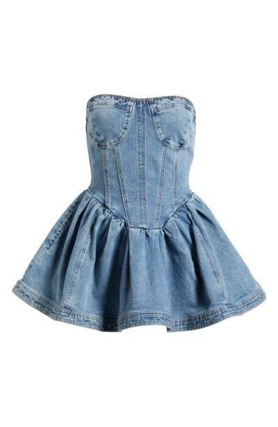 Steve Madden Rina Strapless Denim Peplum Top In Blue