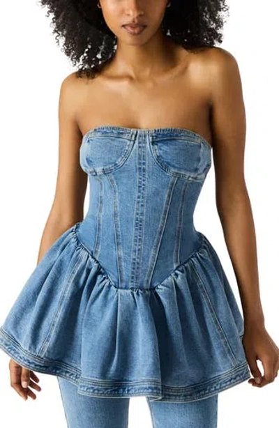 Steve Madden Rina Strapless Denim Peplum Top In Blue