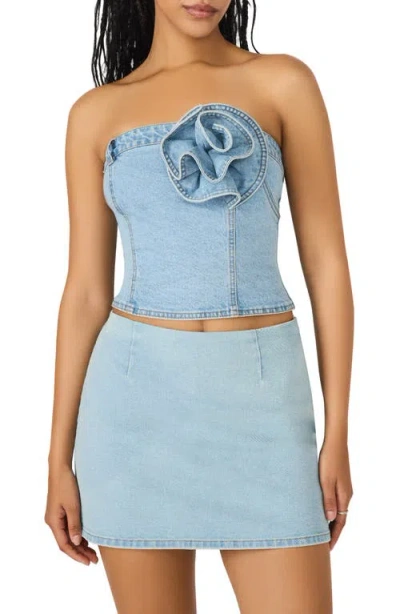 Steve Madden Rosette Strapless Denim Bustier Top In Blue
