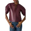 Steve Madden Roxanne Short Sleeve Faux Leather Top In Burgundy