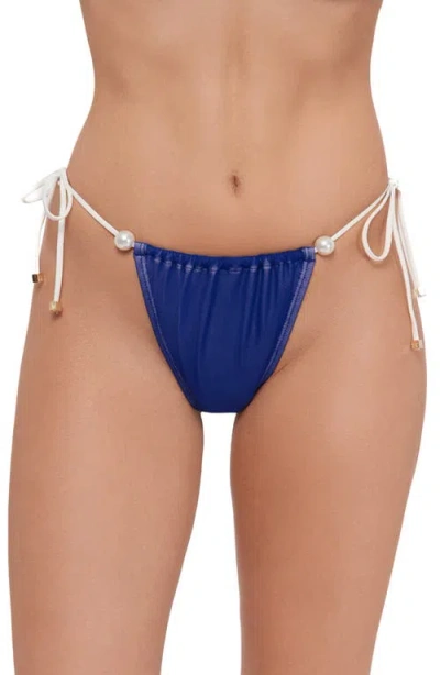 Steve Madden Ruched Faux Pearl Tanga Bikini Bottoms In Blue