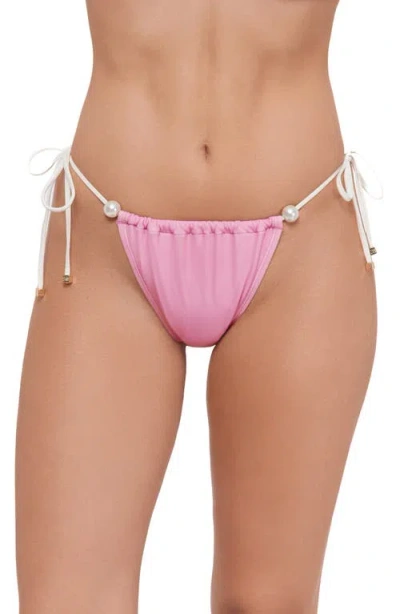 Steve Madden Ruched Faux Pearl Tanga Bikini Bottoms In Pink