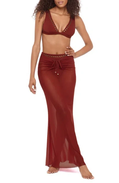 Steve Madden Ruched Sheer Mesh Cover-up Maxi Skirt In Brown