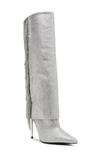 Steve Madden Sanya Rhinestone Fringe Knee High Boot In Silver Rhinestone