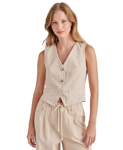 Steve Madden Selene Top Womens Khaki Striped Cotton V-neck Blouse Pall119 In White