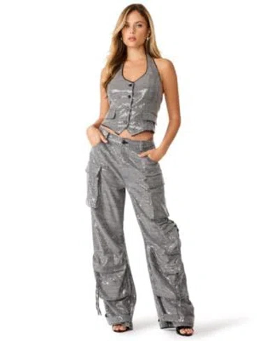 Steve Madden Sequin Halter Crop Vest Sequin Wide Leg Cargo Pants In Gray