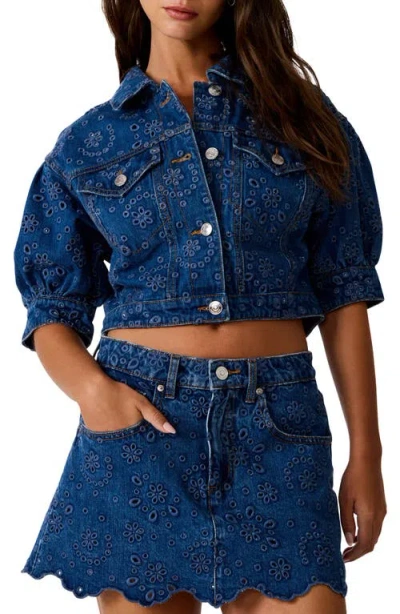 Steve Madden Serafina Crop Denim Eyelet Jacket In Blue