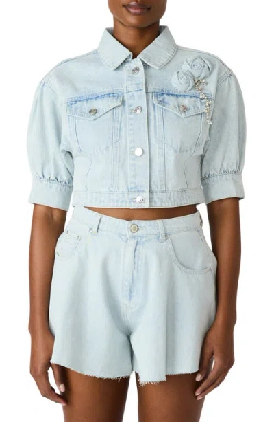 Steve Madden Serafina Short Sleeve Crop Denim Jacket In Blue