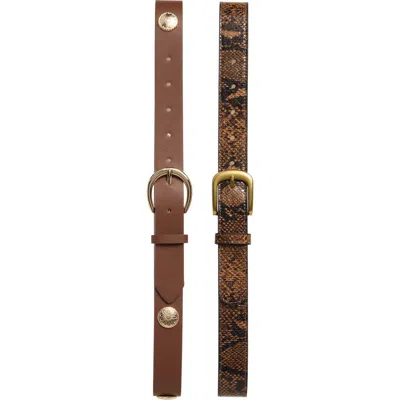 Steve Madden Set Of 2 Faux Leather & Faux Snakeskin Belts In Cognac/ Brown