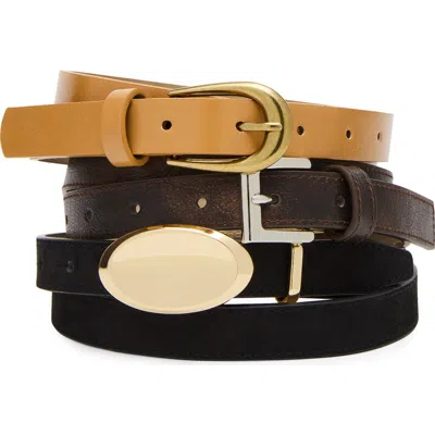 Steve Madden Set Of 3 Faux Leather & Faux Suede Belts In Dk Chocolate-black-tobacco