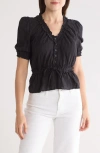 Steve Madden Shadow Stripe Ruffle Cotton Button Top In Black