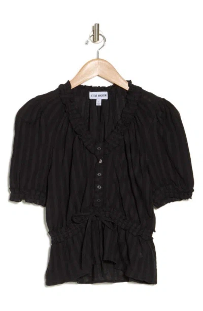 Steve Madden Shadow Stripe Ruffle Cotton Button Top In Black