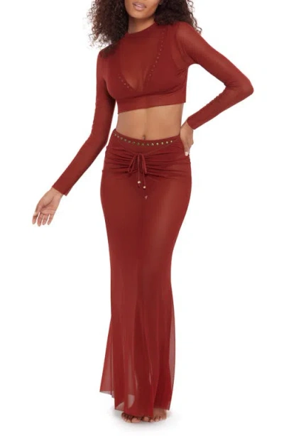 Steve Madden Sheer Mesh Crop Cover-up Top In Red