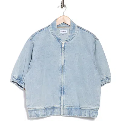 Steve Madden Short Sleeve Denim Bomber Jacket In Ashley Blue