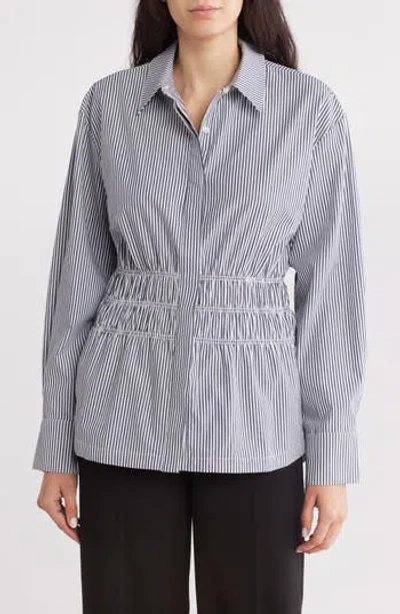 Steve Madden Smock Waist Button Up Shirt In Banker Stripe