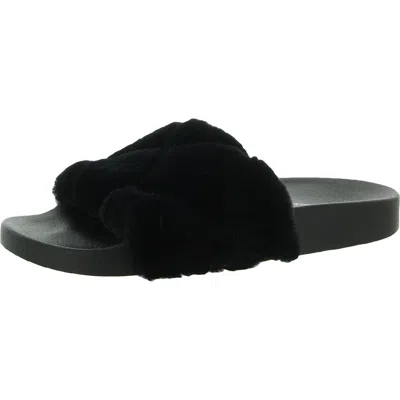 Steve Madden Snooze Womens Faux Fur Slip On Pool Slides In Black