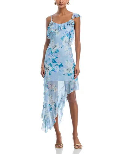 Steve Madden Sorellia Floral Print Asymmetric Ruffle Dress In Blue