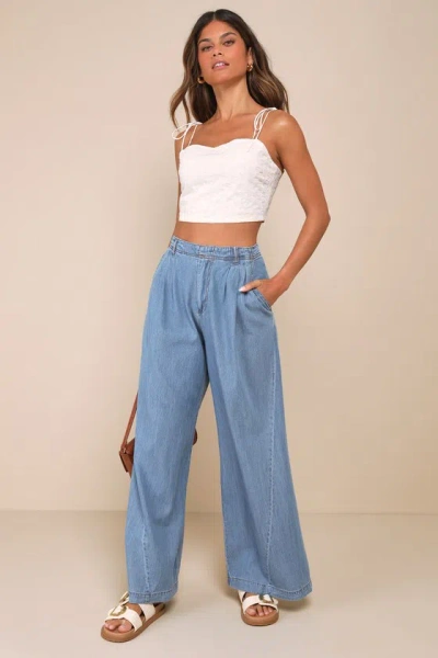 Steve Madden Starling Light Wash High-rise Pleated Wide-leg Trouser Jeans In Blue
